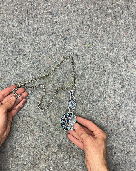 Silver Tone Chain Necklace with Blue and Teal Stone Pendant