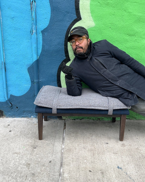 Gray Blue Upholstered Bench, 33x18x14”