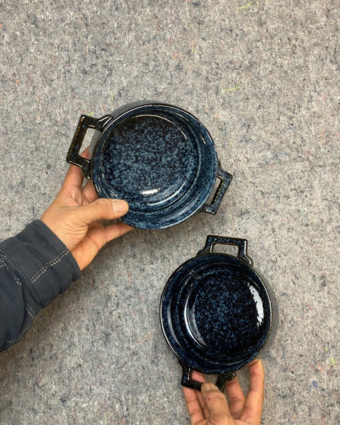 Two Small Blue Ceramic Casserole Dishes