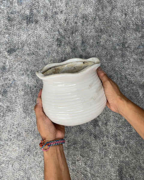 White Ribbed Ceramic Planter Pot with Drainage Hole