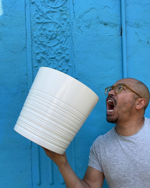 White Ribbed Ceramic Planter, W11"