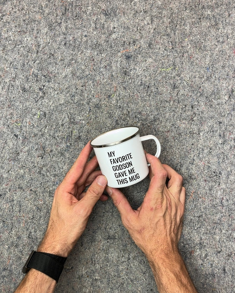 White Enamel Mug with "My Favorite Godson Gave Me This Mug" Text