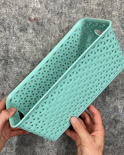 Light Aqua Plastic Woven Storage Bin, 6x13"