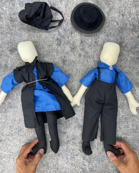Vintage Handmade Amish Faceless Rag Dolls Pair with Hats