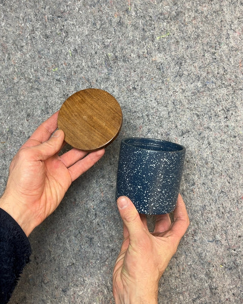 Pretty Speckled Blue Ceramic Jar with Wood Lid
