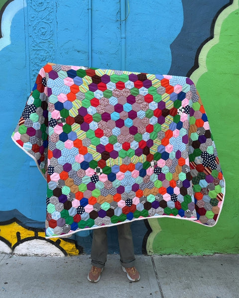Very Pretty Handmade Hexagon Patchwork Quilt With One Stain In The Back, 60x90"