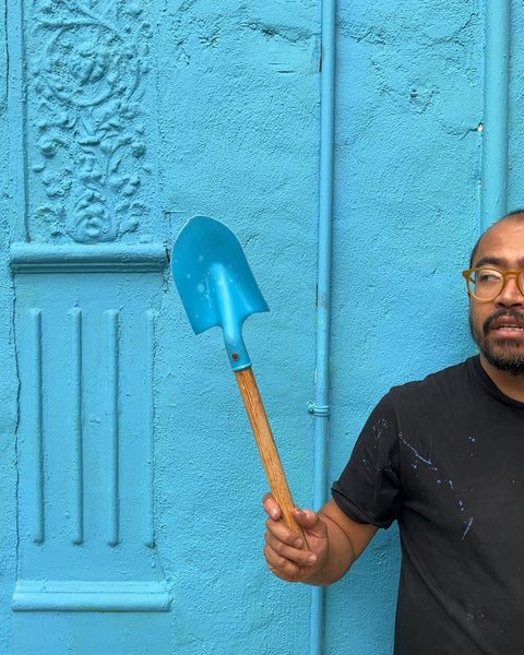 Blue Plastic Hand Shovel with Wood Handle