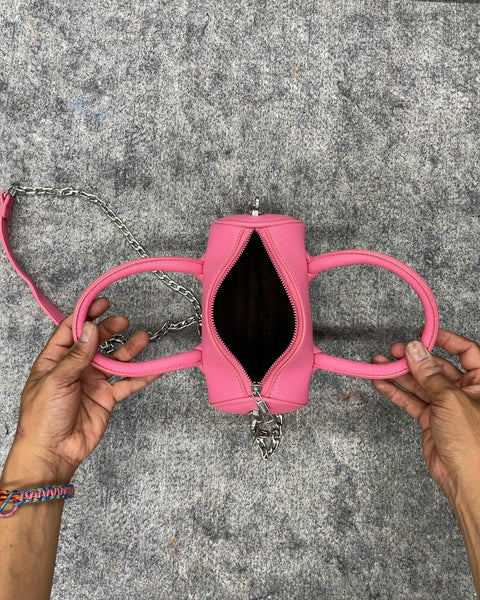 Pink Mini Barrel Crossbody Bag with Chain Strap