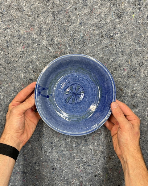 Handmade Blue Ceramic Shallow Bowl with Green Swirl Design, W9"