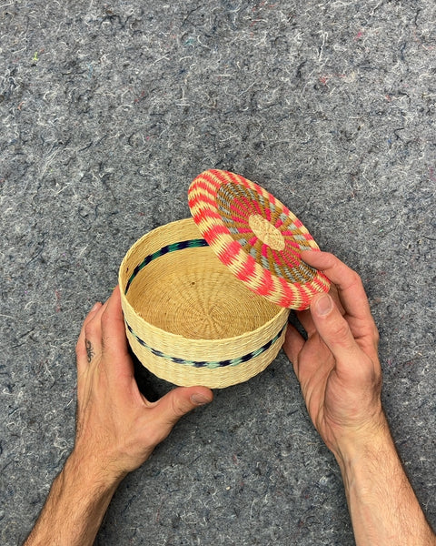 Woven Straw Basket with Patterned Lid