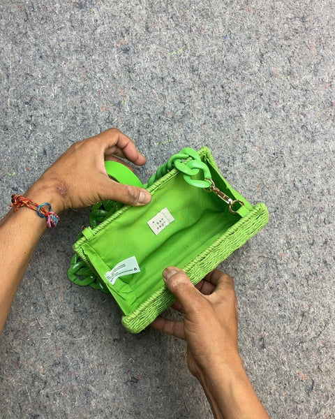 Green Woven Clutch with Chain Strap