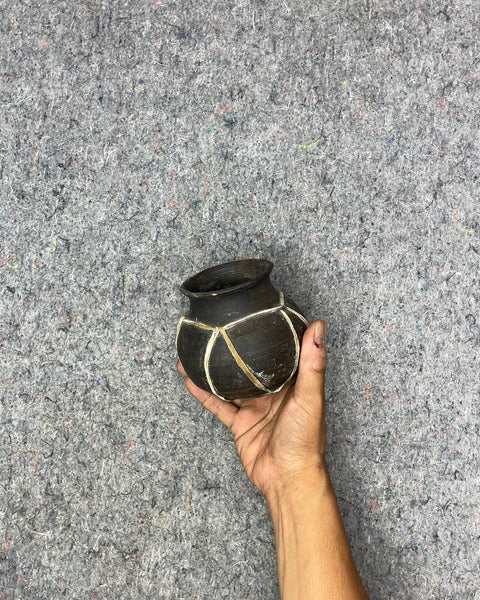 Decorative Black Clay Pot with White Cord Detail