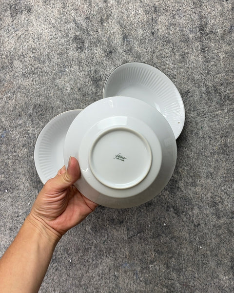 3 White Ribbed Bowls with Silver Rim