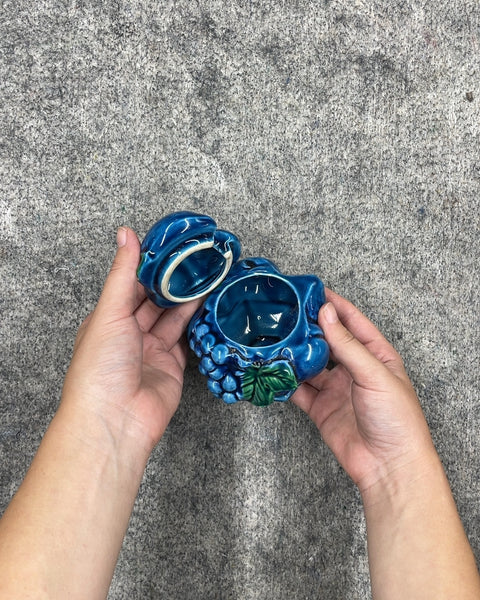 Blue Ceramic Grape Motif Lidded Jar With A Few Chips