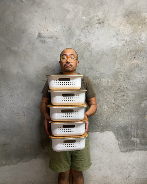 White Plastic Storage Baskets with Bamboo Lids, 14.5x10x8”