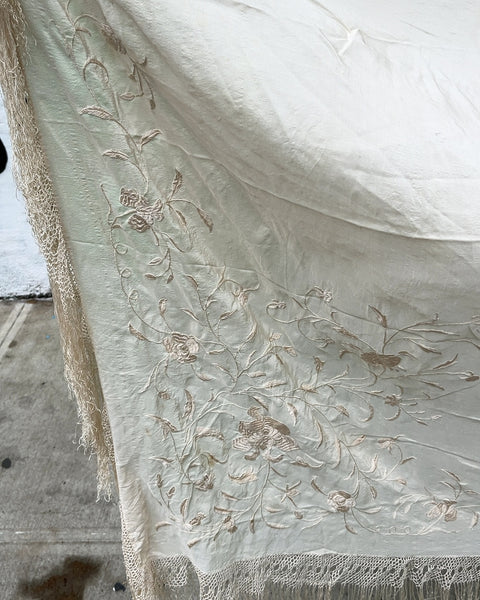 Embroidered Cream Shawl with Fringes