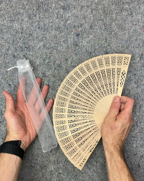Carved Wood Folding Hand Fan with Pouch