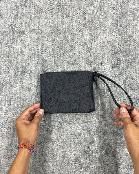 Black Floral Embossed Wristlet Pouch