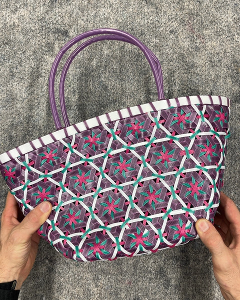 Cool Woven Plastic Tote Bag with Purple Handles