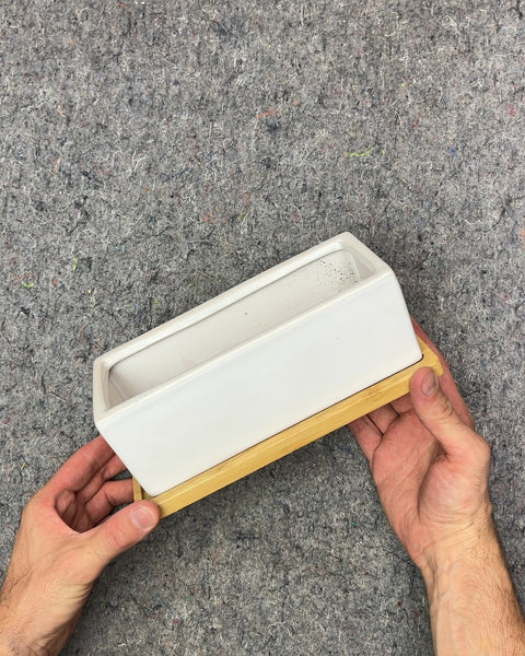 White Ceramic Planter with Bamboo Tray, L8.5"
