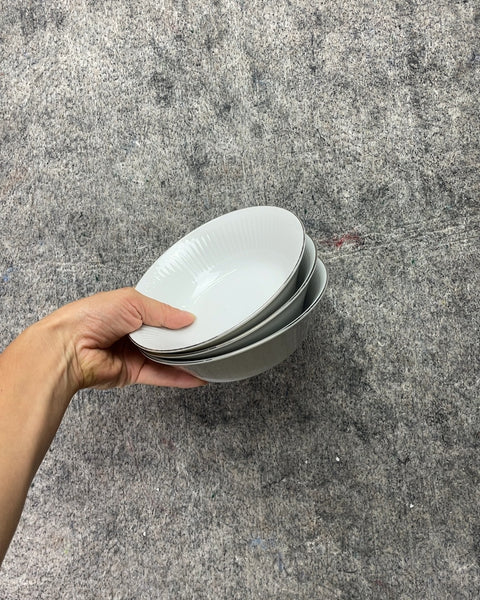 3 White Ribbed Bowls with Silver Rim