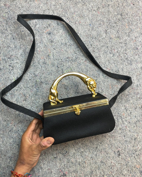 Lanvin-esque Box Clutch with Gold Panther Handle & Mirror