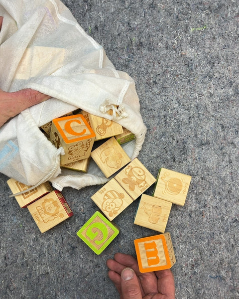 Wooden Alphabet Animal Blocks with Bag