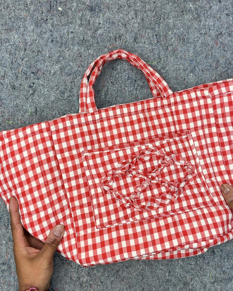 Red and White Gingham Quilted Tote Bag