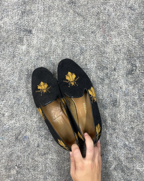 Black and Gold Embroidered Loafers, Sz US 8.5W