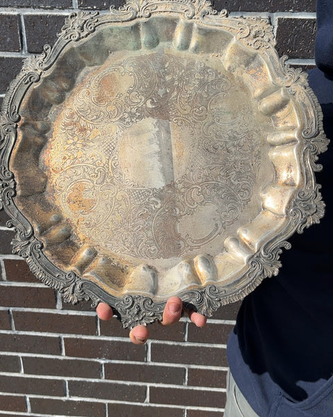 Vintage Silver Ornate Metal Serving Tray, 15"