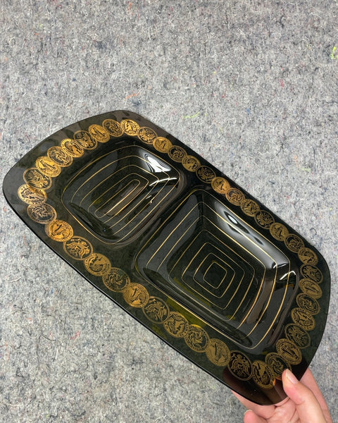 Mid Century Black and Gold Coin Platter, 10 x 14.5 in