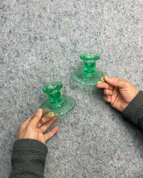 Green Glass Taper Candle Holders, Set of 2