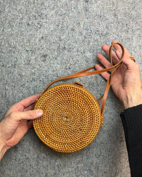 Woven Rattan Round Crossbody Bag