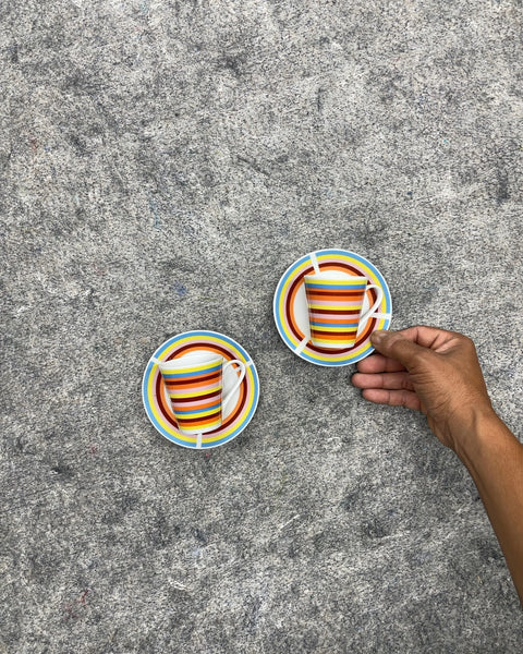 Multicolor Striped Espresso Cups and Saucers, Set of 2