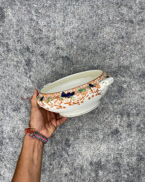 Vintage Hand-Painted Floral Porcelain Serving Bowl with Handles