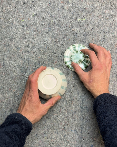 Ceramic Lidded Bowl with Green Swirl Design