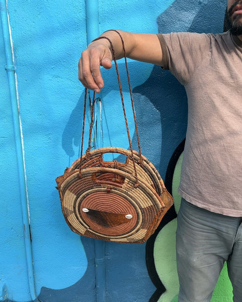 African Handmade Woven Straw and Leather Shoulder Bag