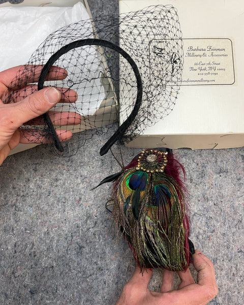 Barbara Feinman Millinery Decorative Fascinator Hat Featuring Peacock Feathers & Netting