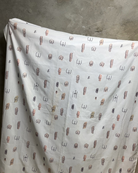 White Shower Curtain with Buttocks Pattern, One Stain You Should Be Able To Clean
