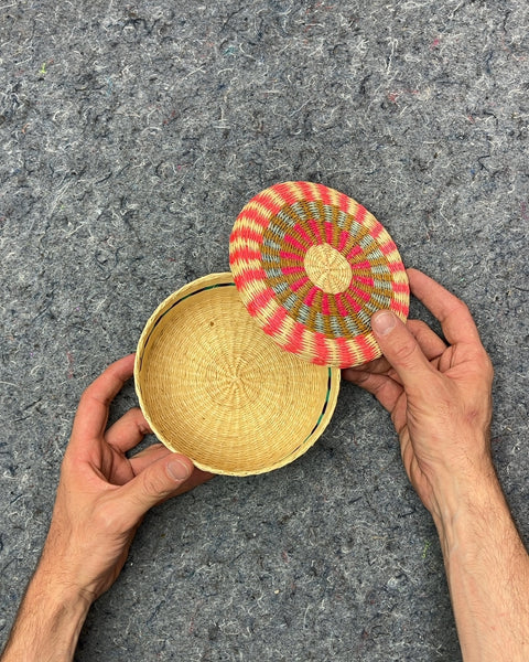Woven Straw Basket with Patterned Lid