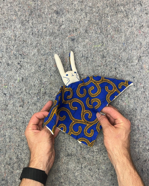 Handmande Blue and Gold Patterned Bunny Baby Toy