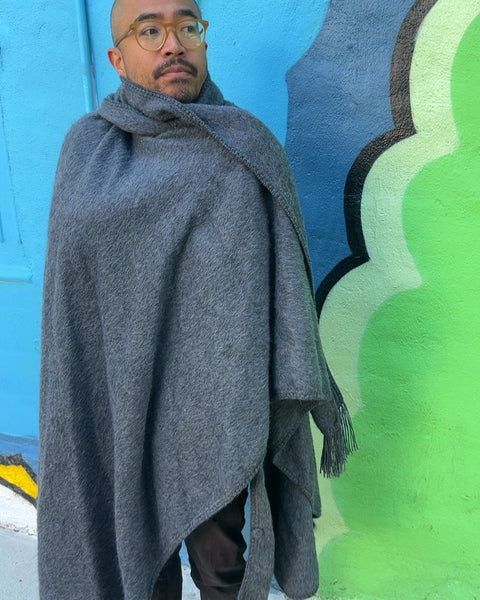 Gray Alpaca Wool Blend Shawl with Fringe