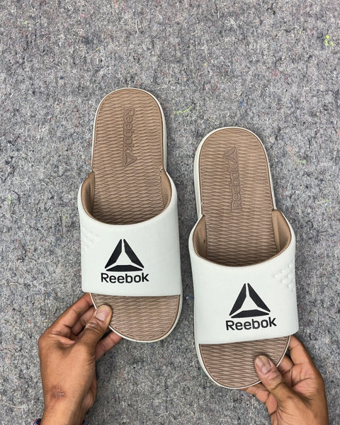 Reebok White and Brown Slides, Sz 47 EU