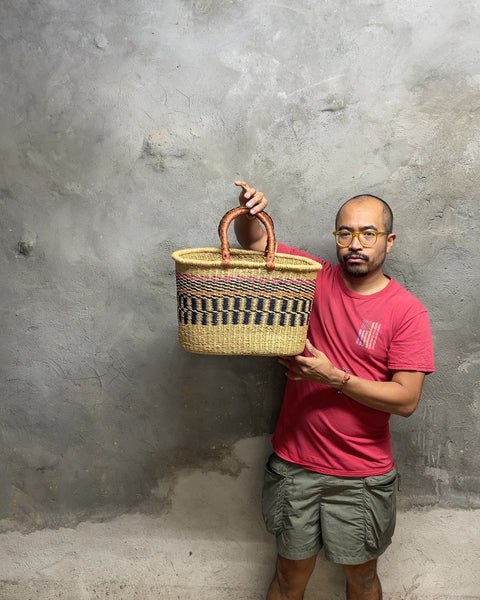 Super Sexy Woven Basket with Leather Handles, 17x10x10"