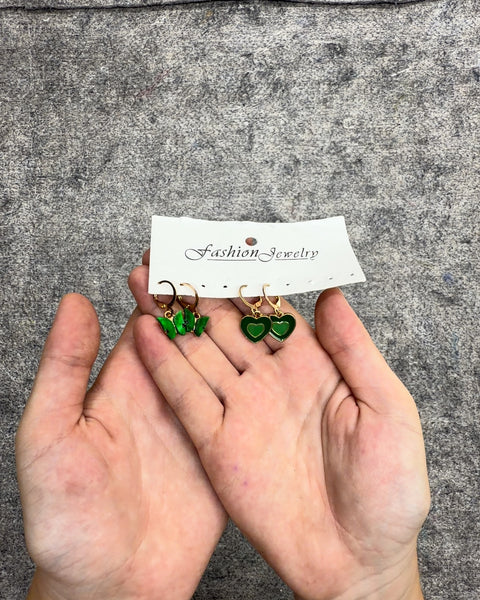 Green Butterfly and Heart Charm Hoop Earrings Set