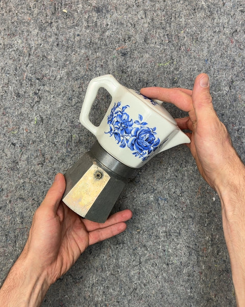 Blue Floral Ceramic and Metal Moka Pot