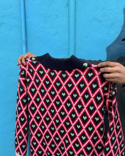 Heart Pattern Long Sweater, Size S