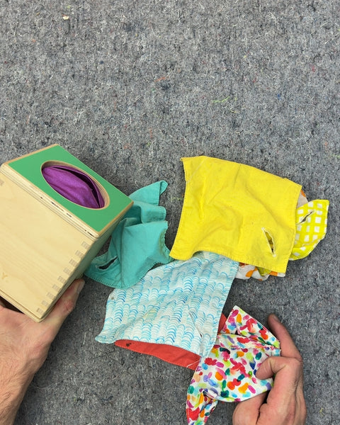 Lovevery Wooden Tissue Box Toy with Fabric Scarves