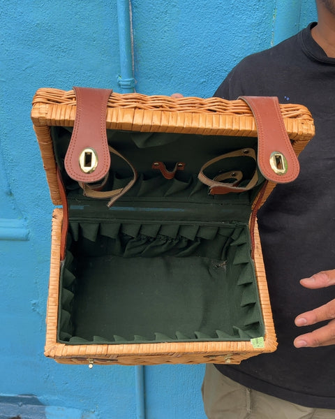 Woven Wicker Picnic Basket with Leather Straps