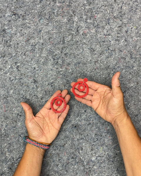 Red Beaded Spiral Drop Earrings